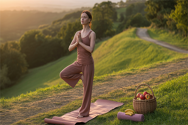 Health & Wellness – person meditating in nature symbolizing balance, fitness, and well-being.
