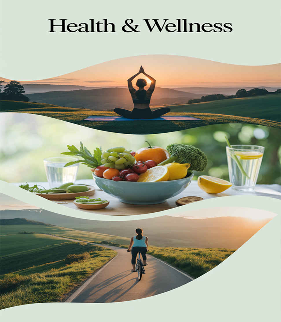 Health & Wellness – Image showing healthy food, exercise, meditation, and self-care symbols promoting overall well-being