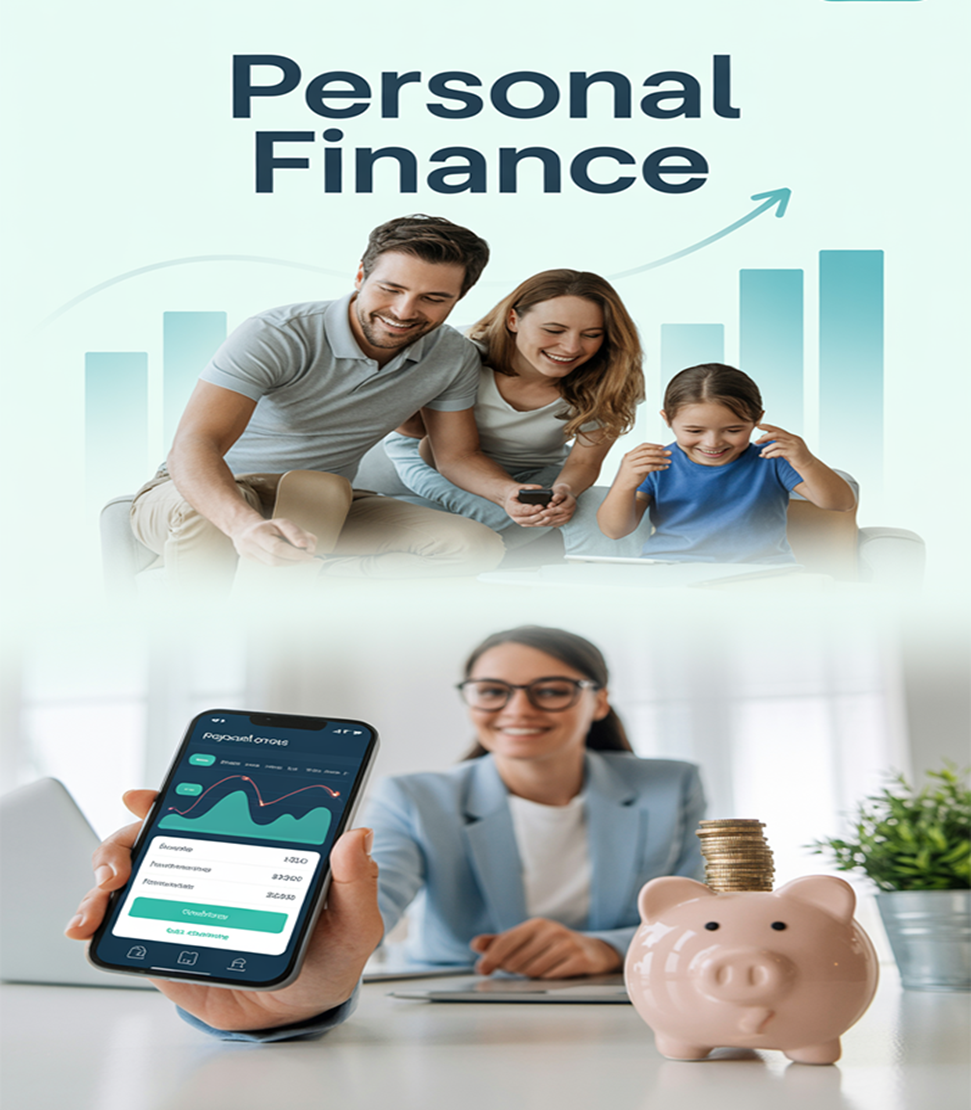 Personal Finance – Illustration of budgeting, saving, and financial planning tools representing smart money management.